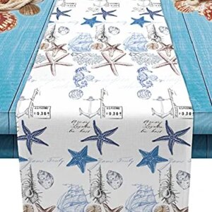 Undersea Starfish Shell and Seahorse Table Runner Dresser Scarves,Linen Burlap Table Runners Cloth for Dinner Holiday Party, Kitchen Decor Coastal Nautical Anchor 13x120inch