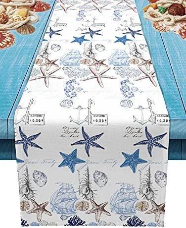 Undersea Starfish Shell and Seahorse Table Runner Dresser Scarves,Linen Burlap Table Runners Cloth for Dinner Holiday Party, Kitchen Decor Coastal Nautical Anchor 13x120inch