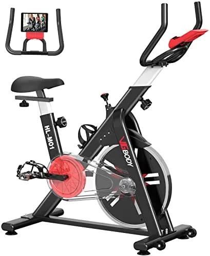 VIGBODY Indoor Cycling Bike Stationary, Exercise Bike 400 LBS Weight Capacity for Home Gym Cardio with Comfortable Seat Cushion, Ipad Holder & LCD Monitor, Silent Belt Drive (Upgrade Version)