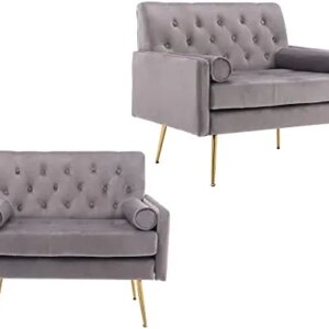 Velvet Accent Chairs Set of 2 Comfy Living Room Chairs Upholstered Armchair with Gold Legs, Mid Century Tufted Club Chairs for Bedroom Apartment Office, Grey, Gray 1.5 Sofa