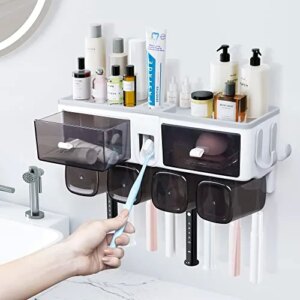 Vtopmart Toothbrush Holders for Bathrooms ,4 Cups Toothbrush Holder Wall Mounted with Automatic Toothpaste Dispenser, Bathroom Organizer, 2 Cosmetic Drawers and 8 Brush Slots Tooth Brush Holder