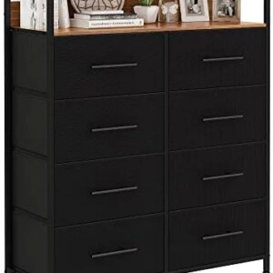 WARM&LOVE 8 Drawer Dresser with Shelves, Chest of Drawers for Bedroom with Wood Top, Black Dresser Storage Organizer Unit with Fabric Bins for Closet/Living Room/Hallway/Nursery