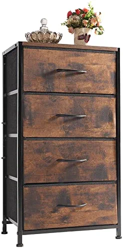 WELLJOYDIRECT Fabric Storage Drawer, Chest of Drawer Storage Tower, Tall Dresser for Bedroom,Hall, Entryway, Fabric Organizer Unit with Sturdy Steel Frame,Wood Top,4 Fabric Bins,Easy Pull Handle Brown