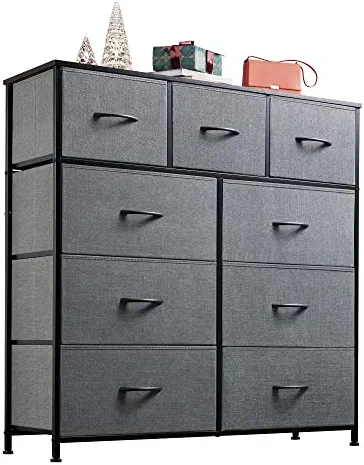 WLIVE 9-Drawer Dresser, Fabric Storage Tower for Bedroom, Nursery, Entryway, Closets, Tall Chest Organizer Unit with Textured Print Fabric Bins, Steel Frame, Wood Top, Dark Grey