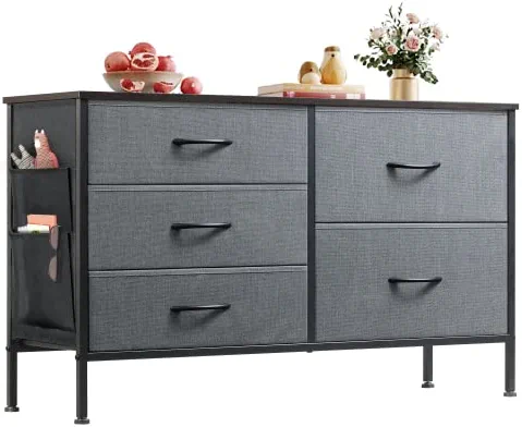 WLIVE Dresser for Bedroom with 5 Drawers, Wide Bedroom Dresser with Drawer Organizers and Side Pockets, Chest of Drawers, Fabric Dresser for Living Room, Closet, Hallway, Nursery, Dark Grey