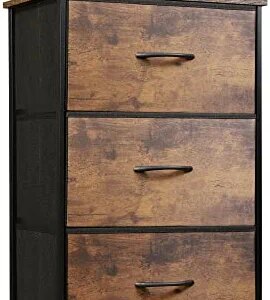 WLIVE Dresser with 3 Drawers, Fabric Nightstand, Organizer Unit, Storage Dresser for Bedroom, Hallway, Entryway, Closets, Sturdy Steel Frame, Wood Top, Easy Pull Handle, Rustic Brown Wood Grain Print