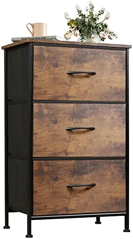 WLIVE Dresser with 3 Drawers, Fabric Nightstand, Organizer Unit, Storage Dresser for Bedroom, Hallway, Entryway, Closets, Sturdy Steel Frame, Wood Top, Easy Pull Handle, Rustic Brown Wood Grain Print