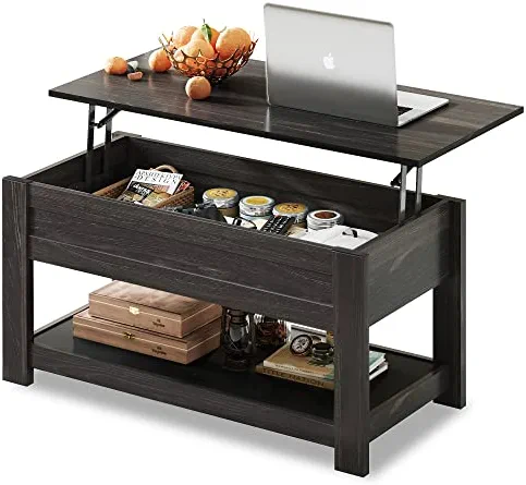 WLIVE Modern Lift Top Coffee Table,Rustic Coffee Table with Storage Shelf and Hidden Compartment,Wood Lift Tabletop for Home Living Room,Black.