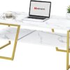 WOHOMO Coffee Table, Modern White Coffee Table, Faux Marble Top Rectangular Coffee Table with Abstract T Diagonal Legs,2 Tier Industrial Coffee Table for Living Room