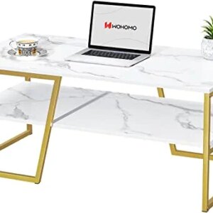 WOHOMO Coffee Table, Modern White Coffee Table, Faux Marble Top Rectangular Coffee Table with Abstract T Diagonal Legs,2 Tier Industrial Coffee Table for Living Room