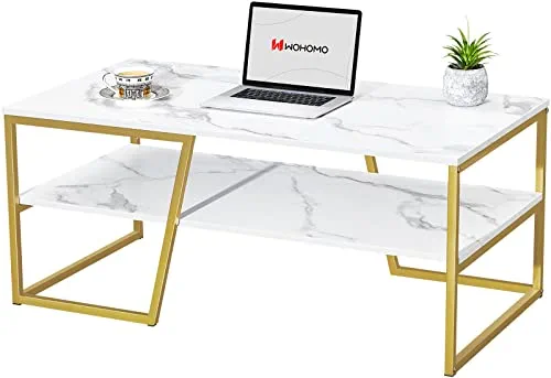 WOHOMO Coffee Table, Modern White Coffee Table, Faux Marble Top Rectangular Coffee Table with Abstract T Diagonal Legs,2 Tier Industrial Coffee Table for Living Room