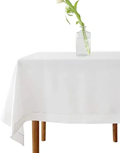 White Linen Handmade Hemstitched Tablecloth Rectangular Table Cloth - 90" x 144"