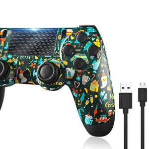 Wireless Controller Compatible with P4/Pro/Slim Game Console with Dual Vibration, Analog Sticks, 6-Axis Motion Sensor, Wireless Controller Rechargeable, Green Christmas Pattern