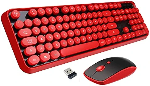 Wireless Keyboard Mouse Combo, 2.4GHz Wireless Typewriter Keyboard, Letton Full Size Office Computer Retro Keyboard and Wireless Cute Mouse with 3 DPI for Mac PC Desktop Laptop-Red