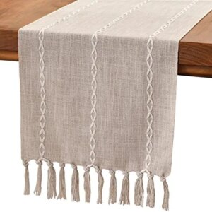 Wracra Rustic Linen Table Runner Farmhouse Style Table Runners 72 inches Long Embroidered Table Runner with Hand-Tassels for Party, Dresser Decor and Dining Room Decorations(Light Coffee, 13"×72")