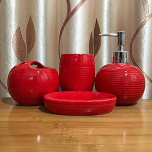 XIAOL 4 Piece Ceramic Full Bathroom Accessory Set - Toothbrush Holder, Tumbler, Soap Dish, Pump Dispenser,Red