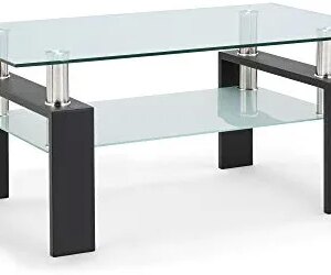 Xmatch Tempered Glass Coffee Table for Living Room Furniture with 2 Tiers Size 39.4in x 23.7in (WXD) Black