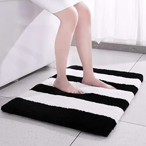 YIHOUSE Extra Thick Plush Bathroom Rugs Non Slip Absorbent Soft Microfiber Bath Mat Machine Washable Fluffy Shaggy Rug 17x24 Black and White