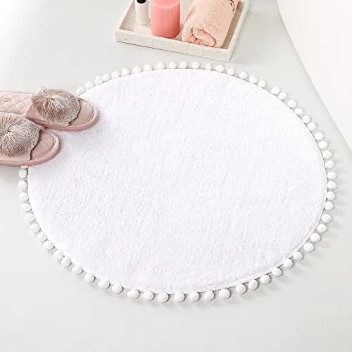 YIRDDEO Round Bathroom Rug , Boho White Bath Rugs with Chic Pom Poms Fringe, Soft Non Slip Circle Bath Mats Washable