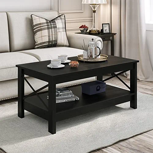 YITAHOME Black Coffee Table with Storage Shelf,Modern Farmhouse X-Shaped Coffee Tables for Living Room, Small 2-Tier Thicker Wood Accent Cocktail Center Ends Coffee Table with Sturdy Frame