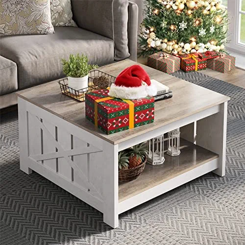 YITAHOME Coffee Table with Storage,Square Wood Modern Rustic Coffe Table for Living Room,Farmhouse Grey Wash Coffee Table,Coffee Table for Living Room with Half Open Storage Compartment