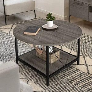 YITAHOME Round Coffee Table for Living Room,Rustic Circle Coffee Table with Storage Shelf,2-Tier Industrial Modern Coffee Table Center Table for Living Room Easy to Assemble,Grey