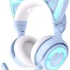 YOWU RGB Cat Ear Headphone 4, Upgraded Wireless & Wired Gaming Headset with Attachable HD Microphone -Active Noise Reduction, Dual-Channel Stereo & Customizable Lighting and Effect via APP (Blue)