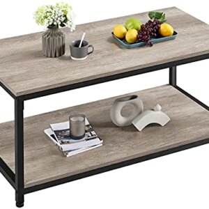 Yaheetech 2-Tier Industrial Wood Coffee Table, Cocktail Table Center Table with Open Storage Shelf for Living Room, Vintage Accent Furniture Table with Metal Frame, Easy Assembly, Gray