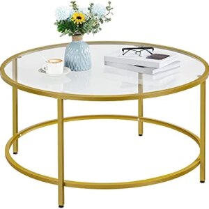 Yaheetech 36in Round Glass-Top Coffee Table,Mustard Gold Modern Accent Side Round Coffee Table w/Protective Foot Pads, Metal Structure Glass Coffee Table for Living Room,Dining, Apartment,Small Space