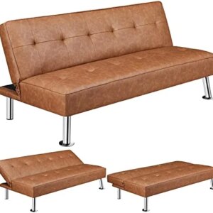 Yaheetech Convertible Sofa Couch Futon Bed Faux Leather Sofa Bed Sleeper Adjustable Loveseat Futon Couch Living Room Furniture with Chrome Metal Legs, Brown