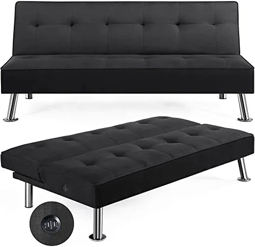 Yaheetech Modern Convertible Futon Sofa Bed w/ 2 Integrated USB Charging Ports Fabric Loveseat Couch Metal Legs, 3 Angles Adjustable Back for Compact Living Space, Apartment, Dorm, Bonus Room Black