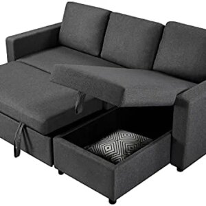 Yaheetech Sectional Sofa L-Shaped Sofa Couch Bed w/Chaise, Reversible Couch Sleeper w/Pull Out Bed & Storage Space, 4-seat Fabric Convertible Sofa, Pull Out Couch, Suitable for Living Room Dark Gray