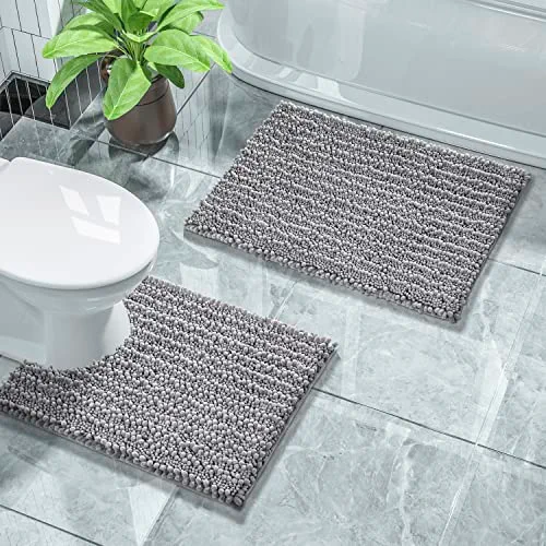 Yimobra Bathroom Rugs Sets 2 Piece, Luxury Fluffy Chenille Bathroom Rugs Toilet Mat, Soft Comfortable Non Slip Bath Rug, Machine Washable, 24x17+24.4x20.4 Inches, Grey