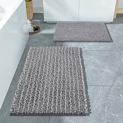 Yimobra Bathroom Rugs Sets 2 Piece, Thick Soft Chenille Non Slip Bathroom Rug Set, Fluffy Shaggy Ultra Absorbent Machine Washable Bath Rug Set, Durable Backing, 32x20+24x17 inch, Light Grey