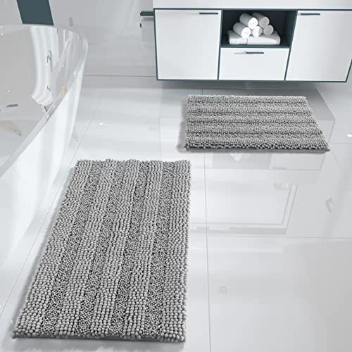 Yimobra Luxury Chenille Shaggy Bathroom Rug Set, 2 Pack Soft Fluffy Plush Bath Mat, Extra Thick, Non-Slip, Water Absorbent, Machine Washable, Bath Mats for Bathroom (Grey, 20" x 32"+17" x 24")