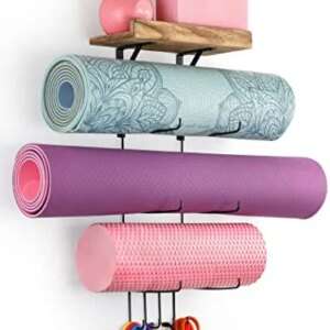 Yoga Mat Holder Accessories Wall Mount Organizer Storage Decor Foam Roller and Towel Storage Rack with 4 Hooks and Wooden Shelves Yoga Mats Rack Resistance Bands for Home Gym School Office