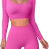 ZZEVOLSS Workout Sets for Women 2 Piece Ribbed Long Sleeve Crop Top High Waist Leggings Yoga Outfits Exercise Sets Activewear