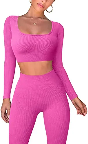 ZZEVOLSS Workout Sets for Women 2 Piece Ribbed Long Sleeve Crop Top High Waist Leggings Yoga Outfits Exercise Sets Activewear