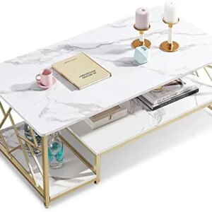 ivinta Marble Gold Mid Century Modern Rectangle Coffee Table with Storage Shelf for Living Room (Faux Marble, Metal, White Gold)