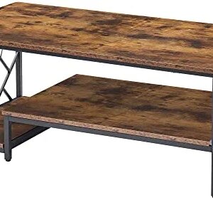 ivinta Rustic Wood Coffee Table for Living Room, Farmhouse Mid Century Modern Center TV Table with Black Metal Frame, Industrial Cocktail Table with Double Storage Shelf (Brown)