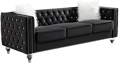 mikibama Velvet Sofa Couch 83 Inch Long Modern Sofa with Acrylic Legs and 2 Pillows, Jeweled Buttons Tufted Couch Modern Decor Furniture for Living Room, Bedroom (Black)