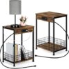 smusei Nightstands Set of 2 Bedroom Small End Tables with Charging Station for Small Spaces 2 Tier Farmhouse Night Stands Bedside Tables with Storage Basket for Living Room