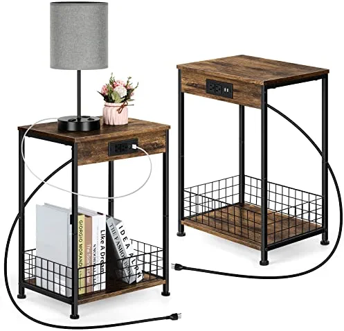 smusei Nightstands Set of 2 Bedroom Small End Tables with Charging Station for Small Spaces 2 Tier Farmhouse Night Stands Bedside Tables with Storage Basket for Living Room