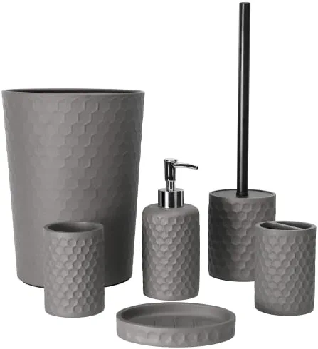 zccz Bathroom Accessory Set, 6 Piece Grey Bathroom Accessories Set with Trash Can, Toothbrush Holder, Toothbrush Cup, Soap Dispenser, Soap Dish, Toilet Brush with Holder, Trash Can, Grey