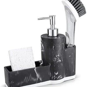 zccz Soap Dispenser, Dish Soap Dispenser for Kitchen Sink, Hand Soap Dispenser Bathroom, Marble Look Kitchen Soap Dispenser with Sponge Holder and Brush Holder, Black Marble Look