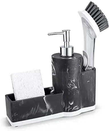 zccz Soap Dispenser, Dish Soap Dispenser for Kitchen Sink, Hand Soap Dispenser Bathroom, Marble Look Kitchen Soap Dispenser with Sponge Holder and Brush Holder, Black Marble Look