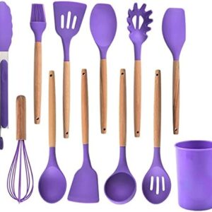 12pcs Silicone Cooking Kitchen Utensil Set with Holder - Wooden Handles Silicone Kitchen Gadgets, Heat Resistan Kitchen Tools BPA-Free for Nonstick Cookware