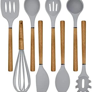 Country Kitchen Silicone Cooking Utensils, 8 Pc Kitchen Utensil Set, Easy to Clean Wooden Kitchen Utensils, Cooking Utensils for Nonstick Cookware, Kitchen Gadgets and Spatula Set - Grey