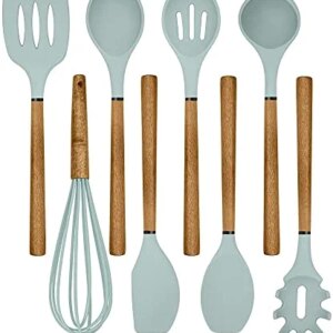 Country Kitchen Silicone Cooking Utensils, 8 Pc Kitchen Utensil Set, Easy to Clean Wooden Kitchen Utensils, Cooking Utensils for Nonstick Cookware, Kitchen Gadgets and Spatula Set - Mint Green