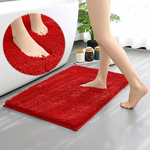 YGNNJY Chenille Bathroom Rugs, Water Absorbent and Soft Plush Bath Mat Dry Fast Machine Washable Non-Slip Bath Rug for Tub, Shower, and Room (Red, 17"×24")